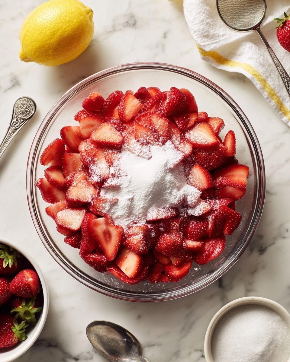 A large clear glass bowl sits on a white marbled surface filled with a thick, pale beige dough mixture that looks soft and slightly sticky. A wooden spatula is partially buried in the dough with dough clinging to it and the bowl's sides. In the background, there is a white bowl with fresh red strawberries sliced in it and another smaller white bowl with whole strawberries partially visible near the bottom left corner. The image is well-lit and has a clean, fresh look. photo taken with an iphone --ar 4:5 --v 7