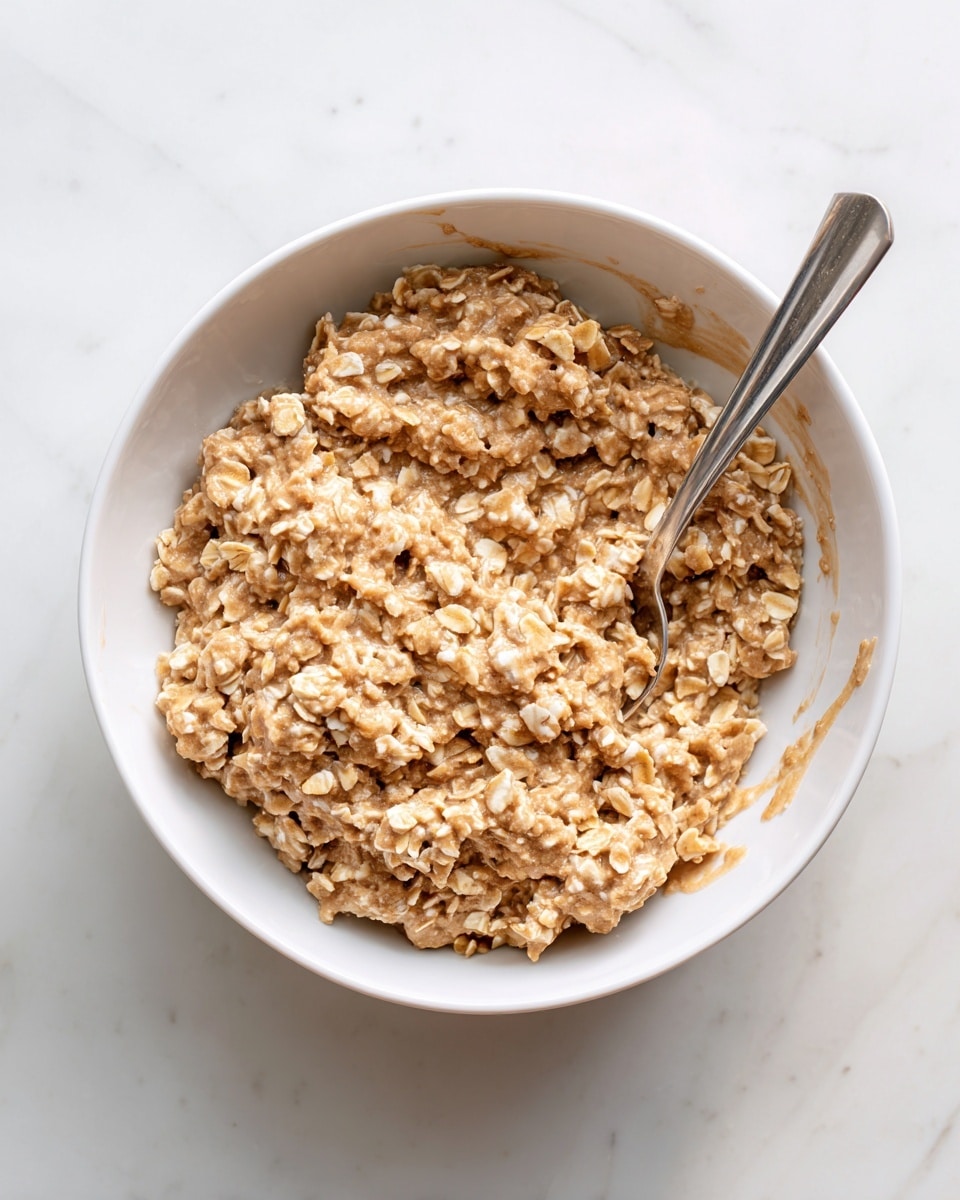 A white bowl filled with thick, textured oatmeal mixture that is light brown in color, showing visible rolled oats coated evenly. The mixture clings to the sides of the bowl, leaving streaks that display the same brown texture. A metal spoon is partially dipped into the mixture from the right side, with its handle resting inside the bowl. The bowl is set on a white marbled surface. photo taken with an iphone --ar 4:5 --v 7