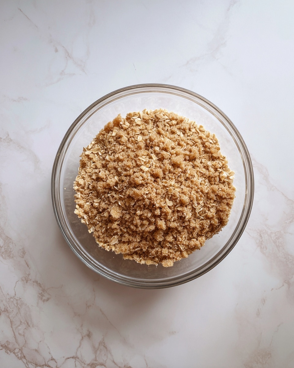 A clear round glass bowl filled with a single layer of mixed oats and small clumps of brown sugar, the mixture appearing dry but sticky, with visible flakes of oatmeal coated in a light brown powder. The bowl is placed on a white marbled surface. Photo taken with an iphone --ar 4:5 --v 7