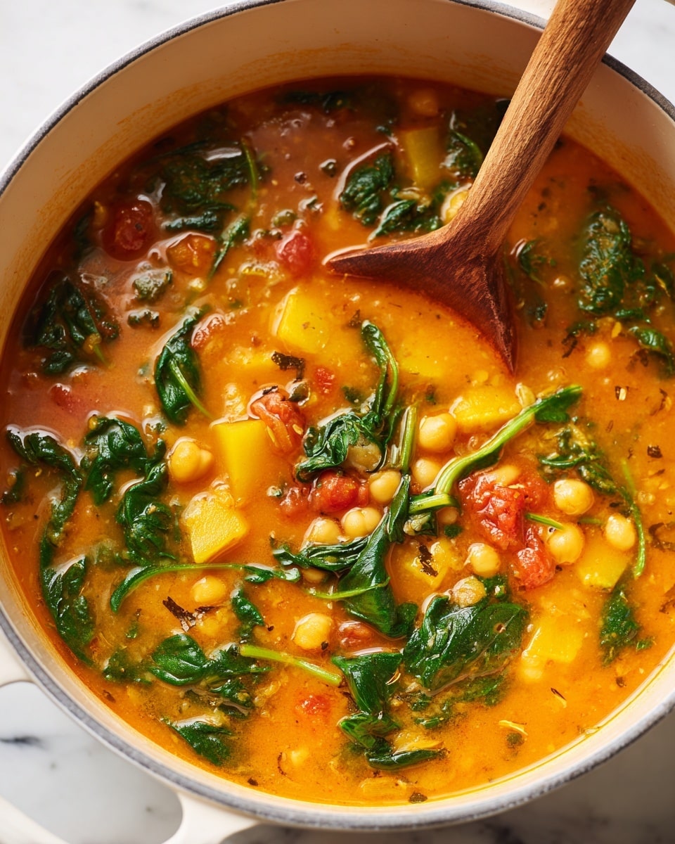 The image shows a close-up of a thick orange stew with visible chunks of yellow squash and vibrant green spinach leaves floating throughout the broth. There are also small round chickpeas and bits of tomato in the mix, giving it texture and color contrast. The stew is in a white pot with a wooden spoon partially submerged, stirring the ingredients. The background features a white marbled texture surface. photo taken with an iphone --ar 4:5 --v 7