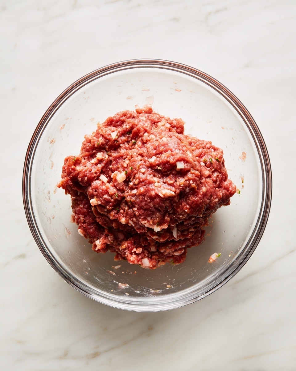 A clear glass bowl on a white marbled surface holds a single mound of raw ground meat mixed with visible small bits of seasoning and finely chopped onions. The meat is reddish-brown with patches of darker and lighter tones, showing a rough and crumbly texture with some moisture visible. The bowl is simple and round with a clear rim, and the background is plain with slight shadows around the bowl edges, giving a clean and fresh look. photo taken with an iphone --ar 4:5 --v 7