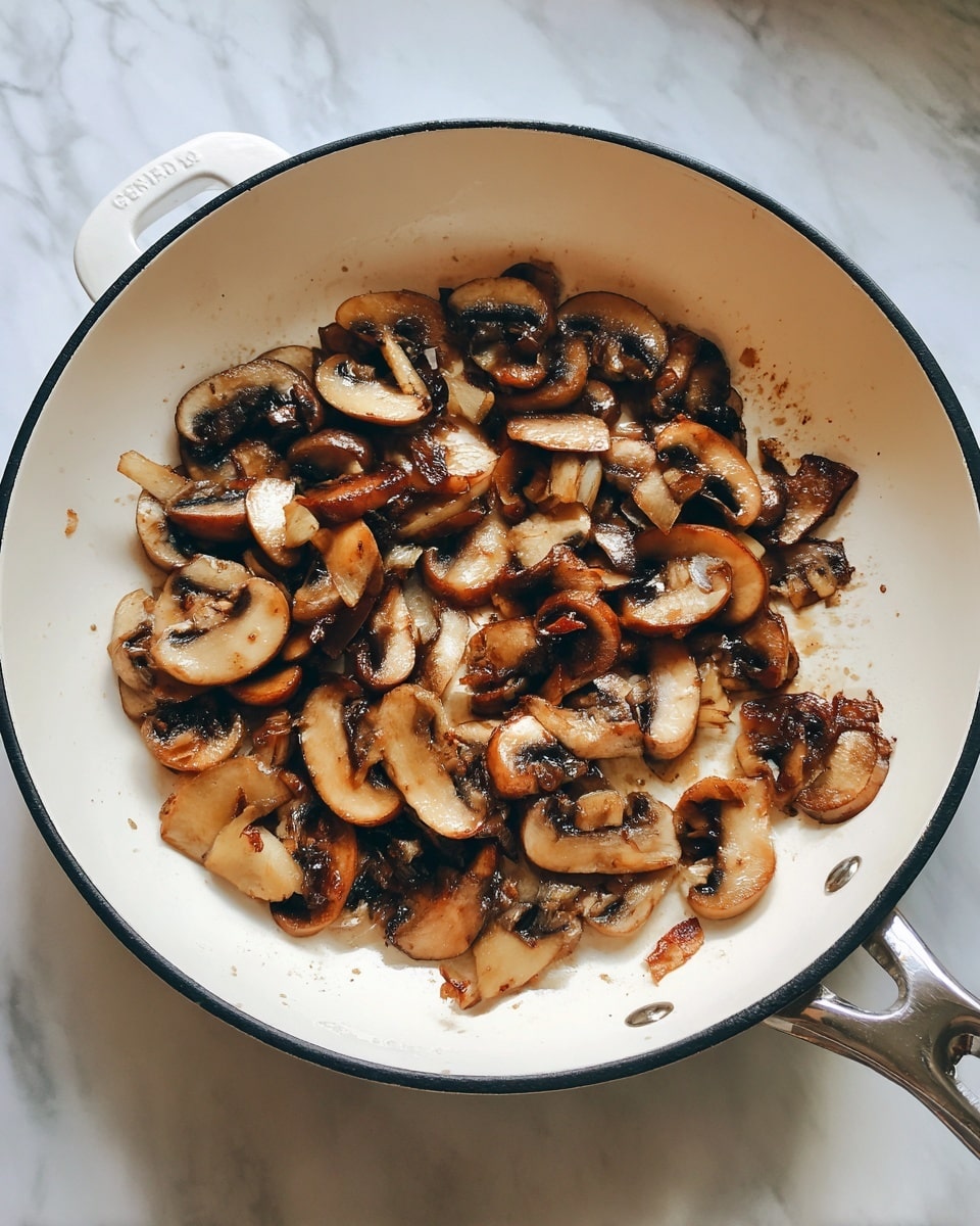 A white pan with black rim and handle holds cooked sliced mushrooms spread unevenly inside. The mushrooms are brown and soft with some caramelized bits sticking to the pan's surface, showing a cooked texture. The pan rests on a white marbled surface. photo taken with an iphone --ar 4:5 --v 7