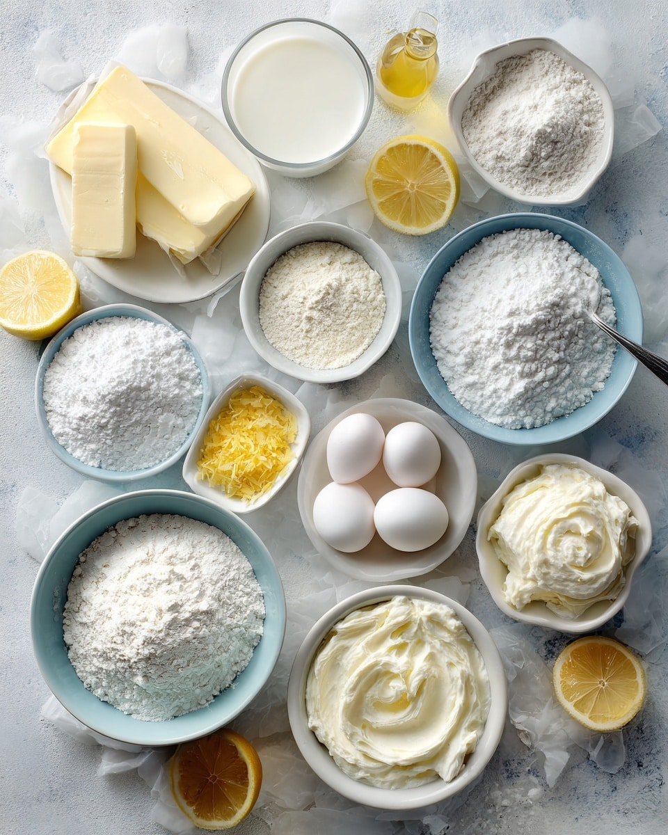 A top view of various baking ingredients arranged neatly on a white marbled textured surface, including two sticks of butter, two eggs in a white bowl, a glass of milk, and a lemon. Multiple white bowls hold white powdered sugar, white flour, creamy white frosting, sugar, and other dry ingredients. There is also a small bowl with yellow lemon zest and a small bottle of yellow liquid flavoring. The ingredients are organized with a light blue bowl for flour, white bowls for other powders and creams, and sliced lemon halves placed around. The setup looks bright and clean, ready for baking. photo taken with an iphone --ar 4:5 --v 7