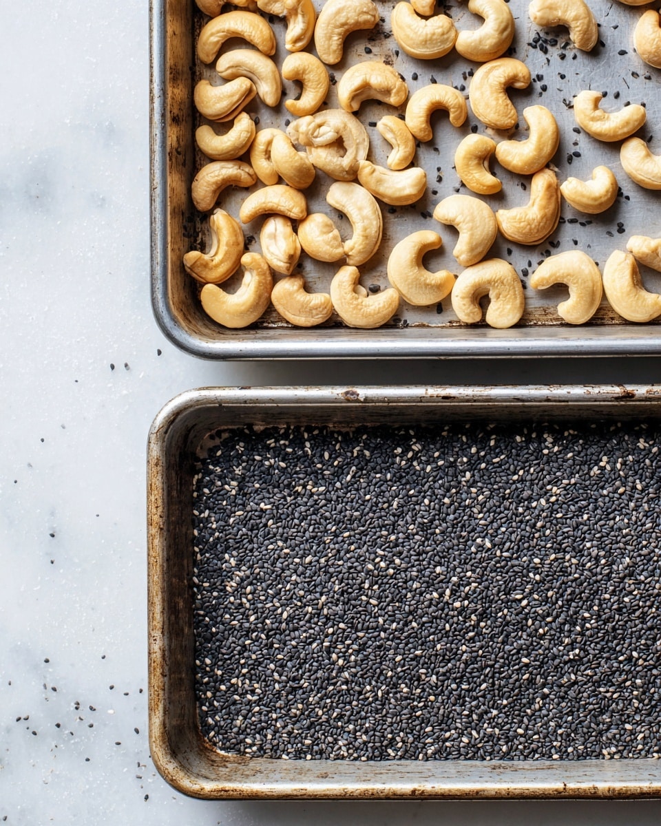 The image shows two metal baking trays placed one above the other on a white marbled surface. The top tray contains a single layer of light beige roasted cashew nuts, scattered unevenly but covering most of the tray. The cashews have a smooth texture with a slight golden brown toasting. The bottom tray holds a dense layer of small, matte black sesame seeds spread evenly, with a few seeds scattered around the edges. The trays have a slightly worn look with some dark marks and scratches, adding a rustic feel to the scene. photo taken with an iphone --ar 4:5 --v 7