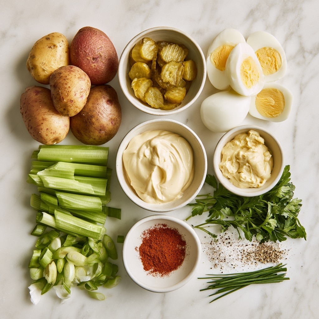 Four pictures show the process of making a salad in a clear glass bowl on a white marbled background. In the first image, a woman's hand holds a small whisk mixing bright yellow chopped boiled egg yolks at the center of the bowl, the texture looks crumbly. The second image shows the same bowl with four layers: mashed yellow yolks at the bottom left, light tan mustard at the top left, pale green chopped pickles at the top right, and off-white mayonnaise on the right side. The third image shows the ingredients mixed into a creamy, pale yellow sauce with a white spoon stirring the mixture. In the fourth image, the bowl is divided into four colorful layers resting on top of the creamy mixture: small yellow diced potatoes top left, finely chopped white egg whites bottom left, bright green chopped celery or green onions top right, and darker green chopped celery or green onions bottom right. photo taken with an iphone --ar 4:5 --v 7