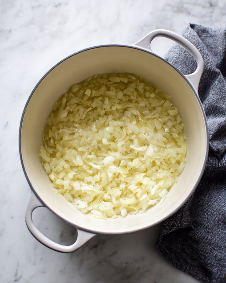 A white round pot with light gray edges and two handles holds one layer of small chopped onions cooking inside. The onions are pale yellow and white, slightly translucent, spread evenly across the bottom of the pot. The pot is placed on a white marbled surface with part of a dark cloth visible in the background. Photo taken with an iphone --ar 4:5 --v 7