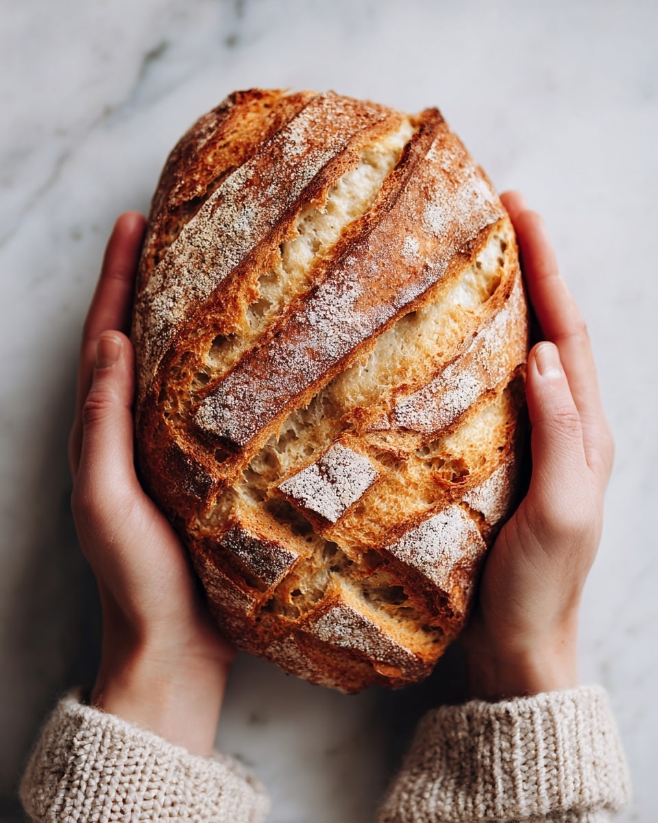 A pair of woman's hands hold a whole loaf of bread showing a golden brown crust with a crispy texture. The bread is sliced into deep angled cuts across the surface, revealing the soft inside through the spaces. The background shows a white marbled texture that softly contrasts with the warm tones of the bread. photo taken with an iphone --ar 4:5 --v 7