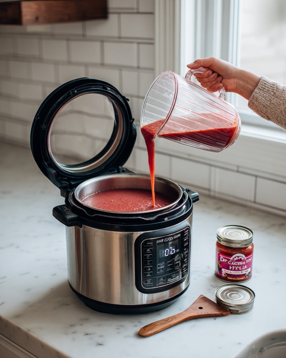 A woman's hand pours a thick, bright red sauce from a clear blender jug into an open stainless steel electric pressure cooker with a black inner pot and a digital control panel showing