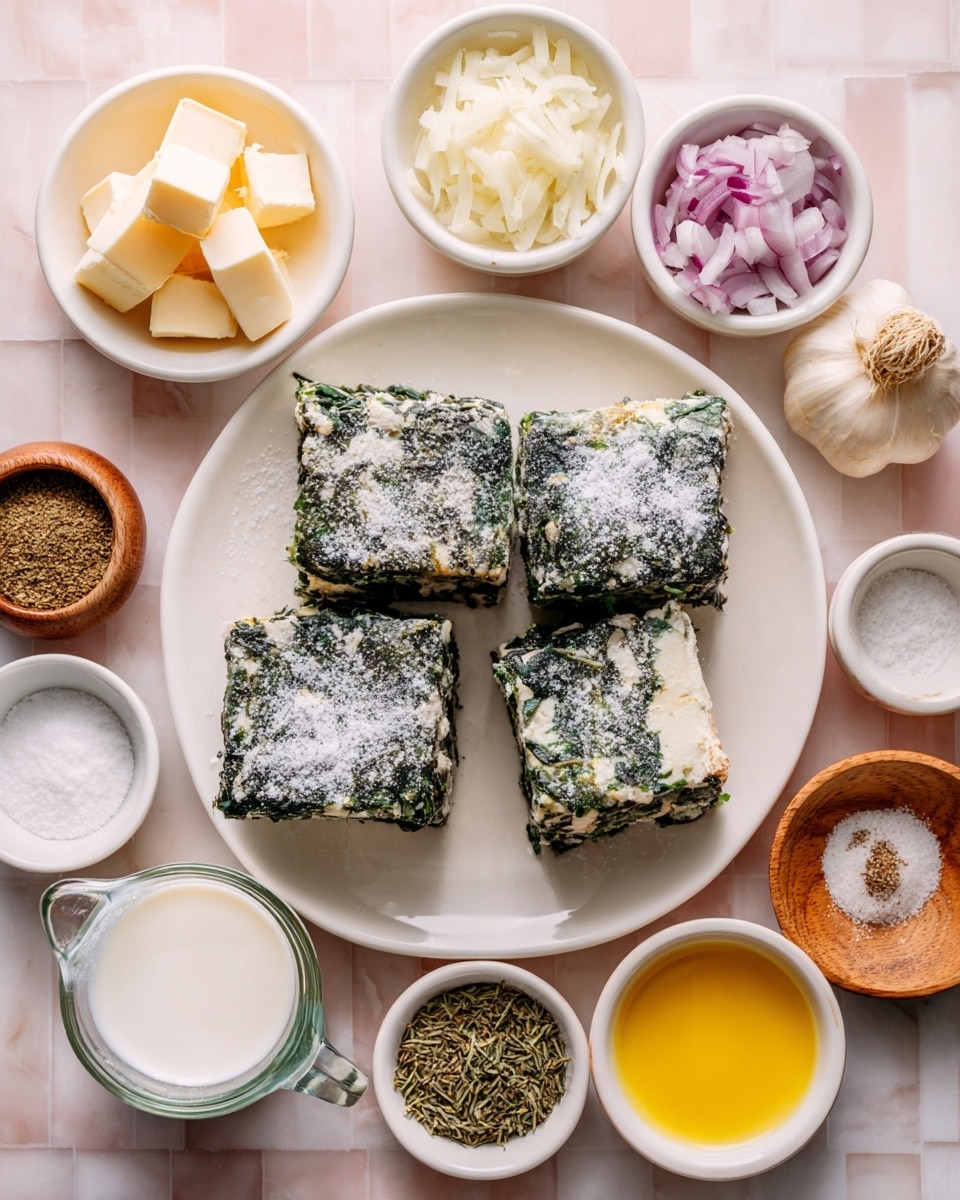The image shows a white plate in the center with two blocks of frozen spinach dusted lightly with ice crystals, showing dark green, leafy textures pressed together in rectangular shapes. Around the plate are small white bowls holding different ingredients: one with light grated cheese, another with small cubes of butter, one with chopped onions showing white and purple bits, another with light almond flour, and a small bowl with thick yellow mustard. There is also a clear measuring cup filled with white cream or milk, bowls with sliced garlic cloves, dried herbs of green and light brown, a wooden bowl with ground black pepper, and a small white bowl containing a brown spice. All items sit on a pink tiled surface changed to a white marbled texture. The arrangement is neat and evenly spaced, showing clear colors and textures of each ingredient. photo taken with an iphone --ar 4:5 --v 7