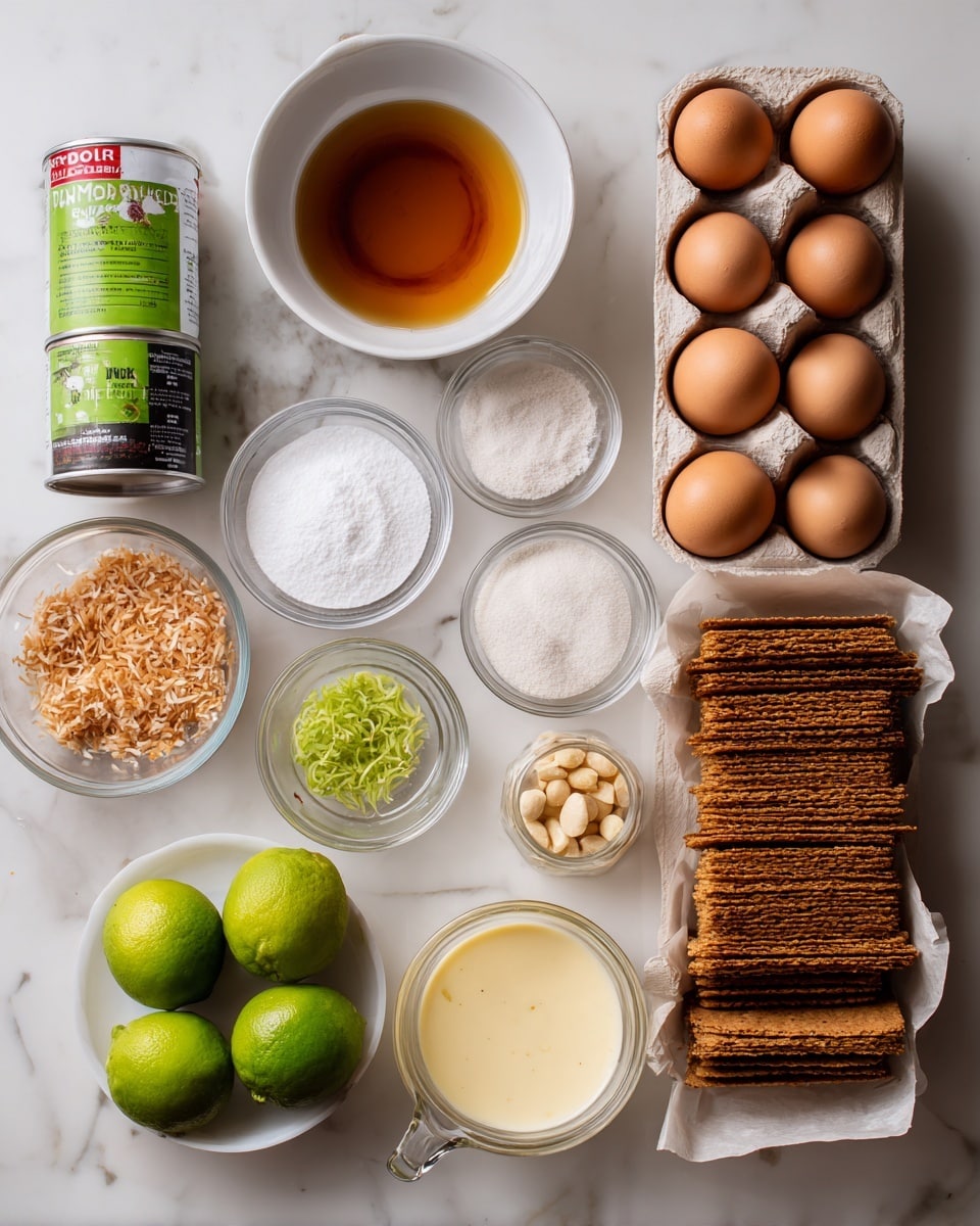 The image shows many ingredients laid out on a white marbled surface. From the top right, there is a cardboard carton holding six brown eggs, next to a white bowl with dark amber liquid. Below, two cans lie sideways, one green and black labeled coconut milk and another red and white labeled sweetened condensed milk. To the left of the eggs, there are several small glass bowls with white powders, sugar, and salt, and below those, a glass bowl filled with round pale yellow nuts and another bowl holding green lime zest. In the lower left corner, there are two green whole limes, a clear measuring cup with white liquid, a white bowl with shredded coconut, another white bowl filled with a yellowish liquid, and a stack of rectangular graham crackers in brown wax paper. All items are neatly arranged, showing various textures from powdery to smooth and solid. Photo taken with an iphone --ar 4:5 --v 7