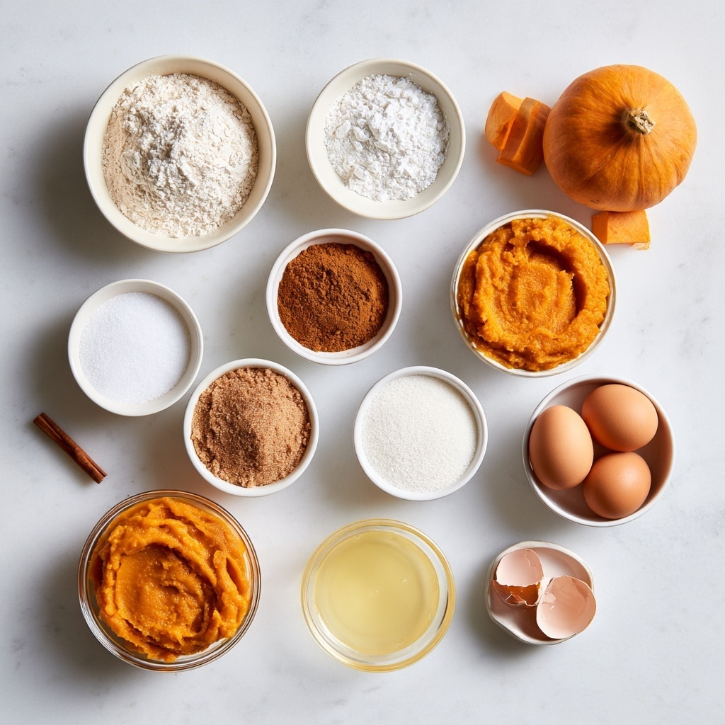 The image shows four steps of making a pumpkin batter donut. In the first step, there is a white bowl with white flour and brown spices on top, surrounded by smaller white bowls holding mashed orange pumpkin and two raw eggs, all placed on a white marbled surface. The second step shows a clear glass bowl holding a brown mixed batter with a large spoonful of mashed pumpkin on top, with a silver whisk resting inside the bowl on the white marbled surface. The third step shows a white bowl with a thick orange-brown mix being stirred with a white spatula. The fourth step shows a black donut baking pan with two donuts, filled with orange batter being piped in from a clear plastic bag, all set on a white marbled surface photo taken with an iphone --ar 4:5 --v 7