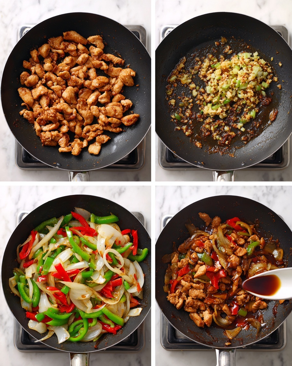Black Pepper Chicken Recipe 5 The image shows six stages of cooking a stir-fry in a black pan on a stove with a white marbled surface background. The first two top images display many small pieces of light brown, cooked chicken spread evenly across the pan, with a slight glossy texture from cooking oil. The third image reveals a close-up of the pan with finely chopped garlic sautéing in a dark, shiny oil, covering the pan's surface. The fourth shows a colorful mix of sliced vegetables including green bell peppers, red bell peppers, and white onions, layered together in the pan, vibrant and fresh. The fifth image captures a dark brown sauce being poured over the vibrant vegetable mix, slowly coating the pieces. The final image combines the cooked chicken pieces placed back on top of the sauced vegetables, creating a layered visual of light brown meat over red, green, and white vegetables with a shiny, rich sauce. Photo taken with an iphone --ar 4:5 --v 7