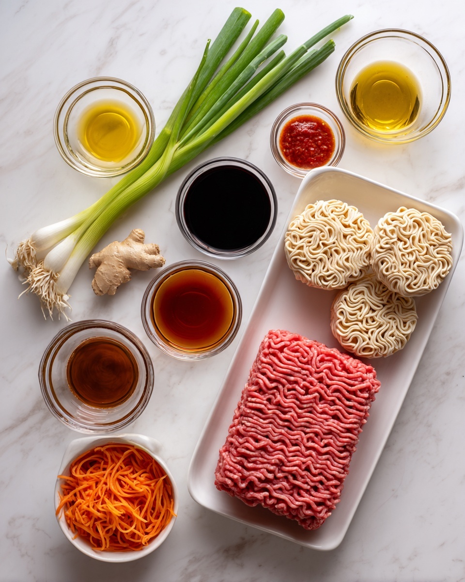 The image shows an overhead view of cooking ingredients arranged neatly on a white marbled surface. Starting at the top right, there is a white tray with bright pink raw ground meat that has a wavy texture. To the left of this are three long green onions with white bases laying flat. Scattered around are small clear glass bowls filled with various liquids and spices: golden yellow oil, dark brown soy sauce, a light amber liquid, a reddish-brown sauce, clear vinegar, red chili flakes, minced garlic, red hot sauce, and a small piece of fresh ginger root beside one bowl. At the bottom right there are three round uncooked instant noodle cakes with a pale beige color and a rough texture. To the bottom left is a white bowl filled with thin orange shredded carrots. Everything is cleanly arranged and visually balanced. Photo taken with an iphone --ar 4:5 --v 7