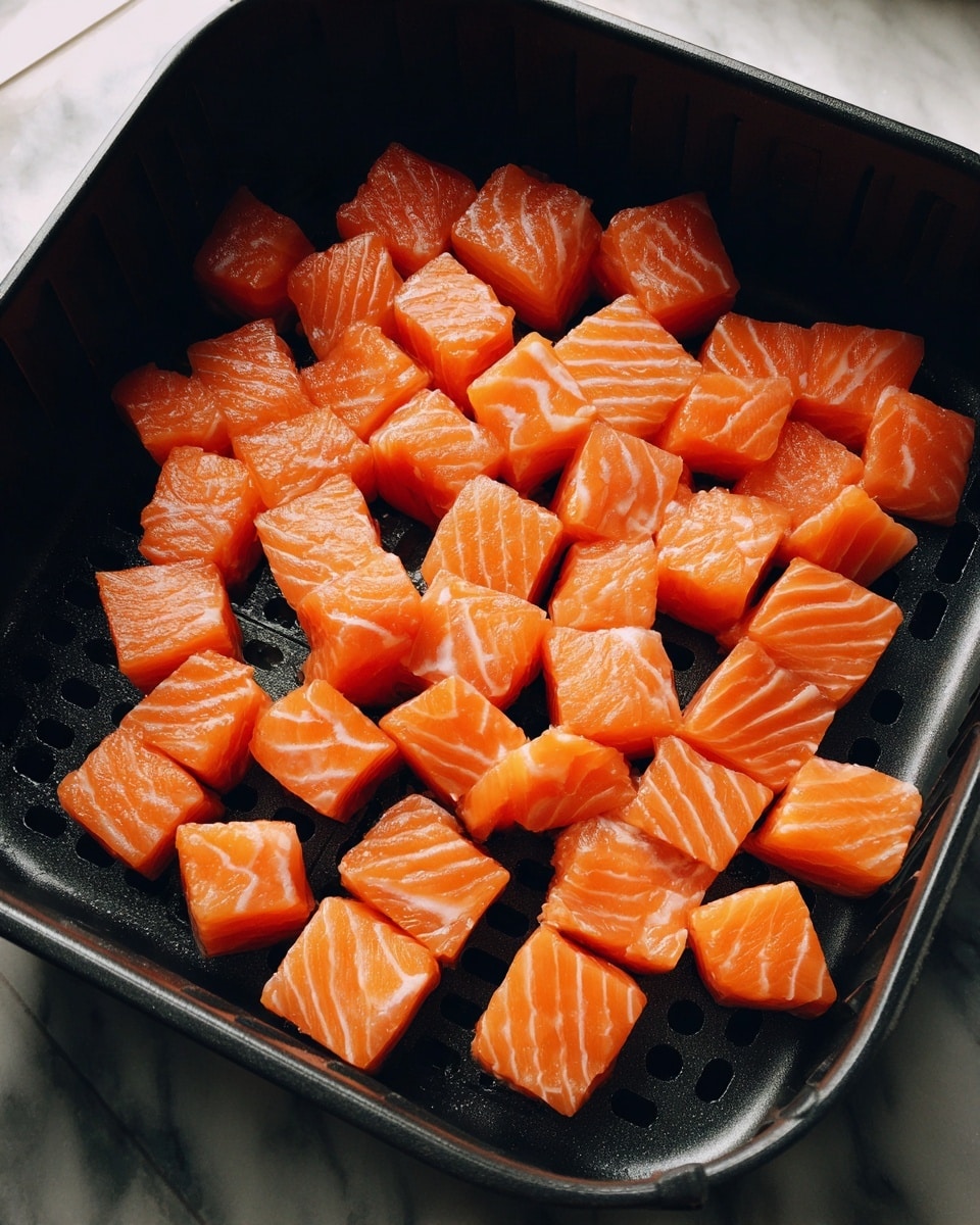 The image shows many small orange cubes of raw salmon evenly spread inside a black air fryer basket. The shiny salmon cubes have light stripes and a smooth texture, resting on the dark perforated surface of the basket. The basket is held over a tiled floor, but the background should be imagined as white marble. photo taken with an iphone --ar 4:5 --v 7
