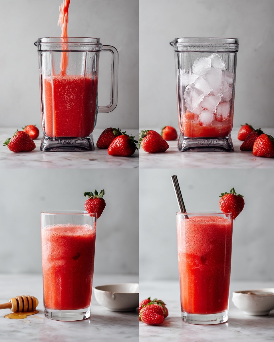 A sequence of four images showing the making of a strawberry drink. The first image shows a top view of a blender with a bright red strawberry liquid inside, with a smooth texture and some bubbles on top. The second image shows the blender from the same angle, now with ice cubes laid on top of the red liquid, clear and slightly melting. The third image shows the blender again, with the ice and strawberry liquid fully blended into a thicker, frothy red mixture with some texture visible. The final image shows two tall clear glasses filled with the red strawberry drink, each glass topped with a fresh red strawberry on the edge; one glass has a metal straw. In the foreground, there are fresh strawberries and a small white bowl with a wooden honey dipper on a white marbled surface. Photo taken with an iphone --ar 4:5 --v 7