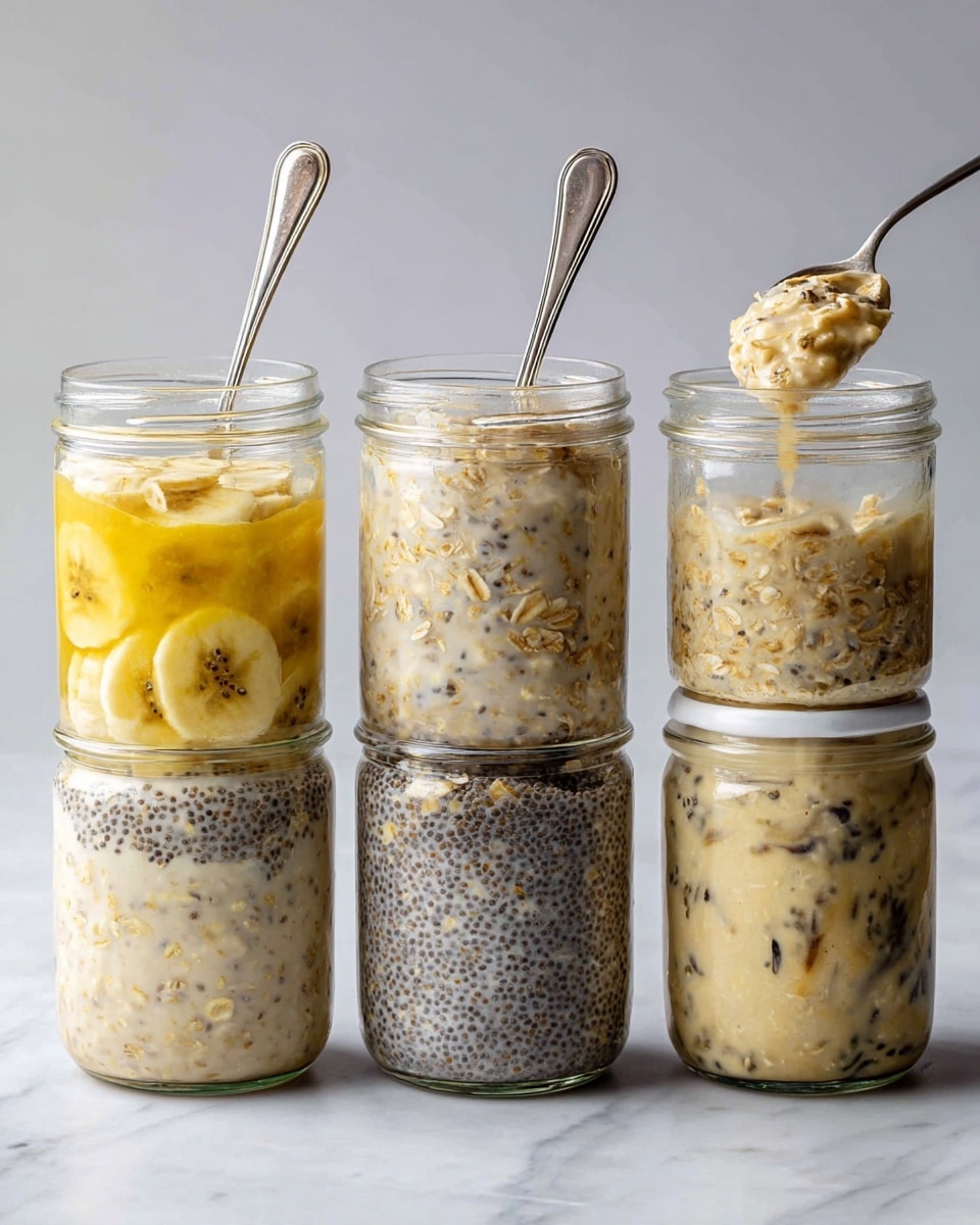A clear glass jar shows four stages of a creamy overnight oat dish. The first jar features visible layers: a bottom layer of yellow banana slices, topped with soaked oatmeal with light beige and chunky texture, and a creamy liquid filling the top. The second jar reveals the fully mixed oatmeal, creamy light beige with small black chia seeds scattered evenly throughout, a spoon inserted into it. The third jar is sealed with a white lid, showing a thick, creamy mixture with visible chia seeds and oat bits blending into a smooth light beige. The last jar shows a close-up spoonful of the creamy mixture lifted above the jar, revealing a thick mix with banana slices and chia seeds floating in the light beige creamy oats. All jars sit on a white marbled texture. photo taken with an iphone --ar 4:5 --v 7