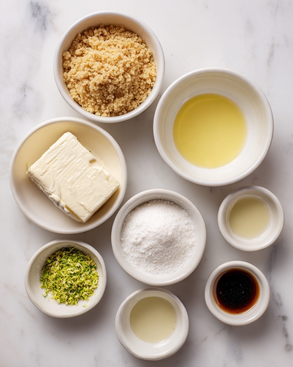 Seven small white bowls are placed on a white marbled surface, each holding different ingredients. The top left bowl is filled with a coarse light brown crumbly texture. To its right, a bowl contains a smooth yellow liquid. Further right, a bigger bowl has a white creamy substance. In the second row, the left bowl holds a block of soft white cream cheese with visible smooth, spreadable texture. To its right, a bowl filled with fine white powder, and next to it is a small bowl with a clear, pale yellow liquid. The bottom row has the smallest bowls; one contains finely grated green lime zest and the other dark brown vanilla extract. The bowls are arranged in a loose cluster. Photo taken with an iphone --ar 4:5 --v 7