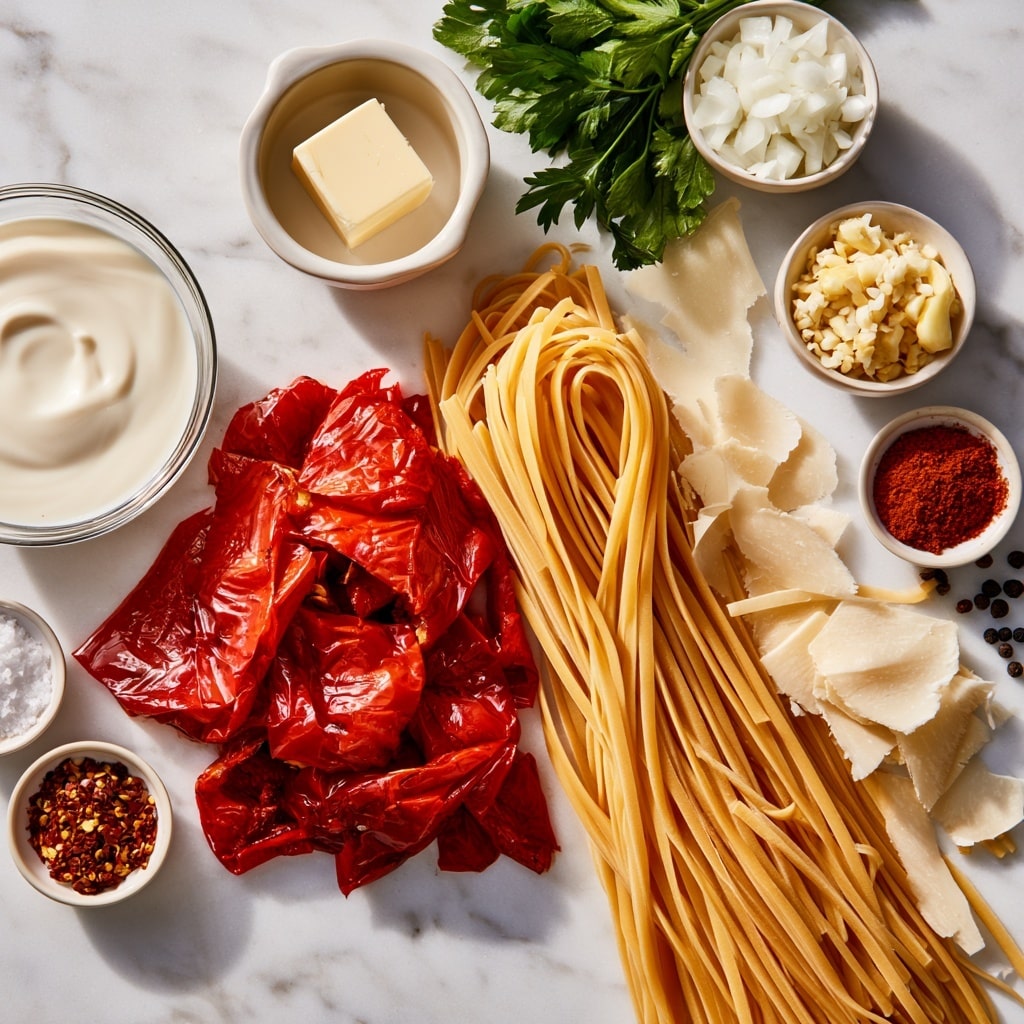 The image shows two food processor bowls placed on a white marbled surface. The left bowl contains three bright red roasted peppers with some char marks, and a layer of chopped pale yellow garlic beside them. The right bowl shows the same food processor from above, but now filled with a smooth, thick, bright orange-red sauce blending the peppers and garlic. The bowls are clear and the blades are visible in the center. The overall look is clean and fresh. Photo taken with an iphone --ar 4:5 --v 7