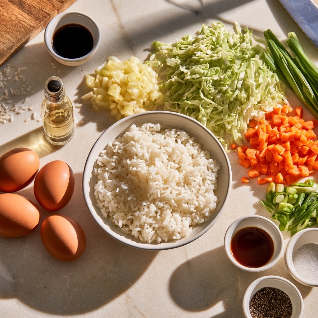 The image shows a sequence of cooking steps in a dark pan placed on a stove with a white marbled background. The first layer has three cracked eggs, with visible yellow yolks and translucent whites spread thinly in the pan. The second layer shows finely chopped red onions scattered evenly across the pan. In the third layer, small orange carrot pieces are being added from a white bowl held by a woman's hand, mixing with the onions. The final layer shows shredded light yellow cabbage placed on top of the carrots and onions, creating a colorful mix of ingredients in the pan. Photo taken with an iphone --ar 4:5 --v 7