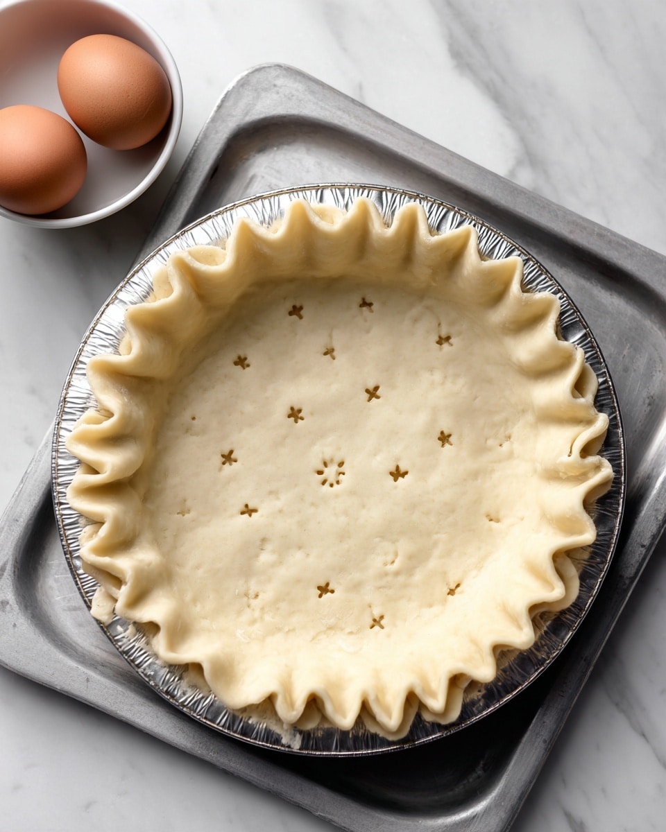 The image shows a single layer of uncooked pie crust dough spread inside a metal pie pan, placed on a silver baking tray. The edges of the crust are ruffled in a decorative pattern, with small fork holes evenly placed in the center of the dough in a star shape. In the top left corner, there is a white bowl holding two brown eggs, all set on a white marbled surface. Photo taken with an iphone --ar 4:5 --v 7