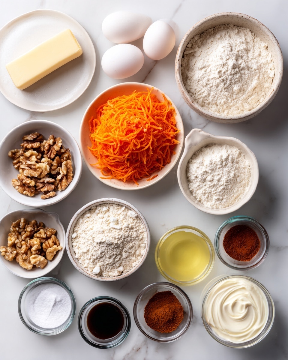 A flat lay image of various baking ingredients in small white bowls and clear glass bowls arranged neatly on a white marbled surface. There are three white eggs on a white plate with a stick of butter, a bowl of bright orange shredded carrots in the center, a large bowl of white flour next to it, and a large bowl of white granulated sugar. Smaller bowls hold light brown sugar, chopped walnuts, dark brown liquid (molasses or syrup), white baking powder, and different ground spices in warm shades of brown and red. Also visible are a small bowl of white salt, a white bowl of thick cream or yogurt, and a clear jar of light yellow oil. A small white bowl contains dark vanilla extract. The overall scene is well lit, clean, and organized, showing all ingredients clearly. Photo taken with an iphone --ar 4:5 --v 7