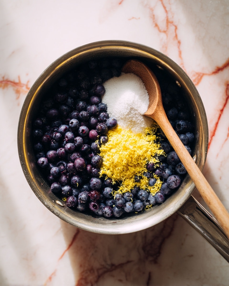 A large silver pot is filled mostly with dark purple blueberries on the left and bottom side. On the upper right side of the pot, there is a pile of white sugar next to a smaller mound of yellow lemon zest. A wooden spoon is resting inside the pot on the right side with its handle extending out of the pot. The pot is placed on a white marbled surface with pink and reddish veins, and soft natural light casts gentle shadows. Photo taken with an iphone --ar 4:5 --v 7