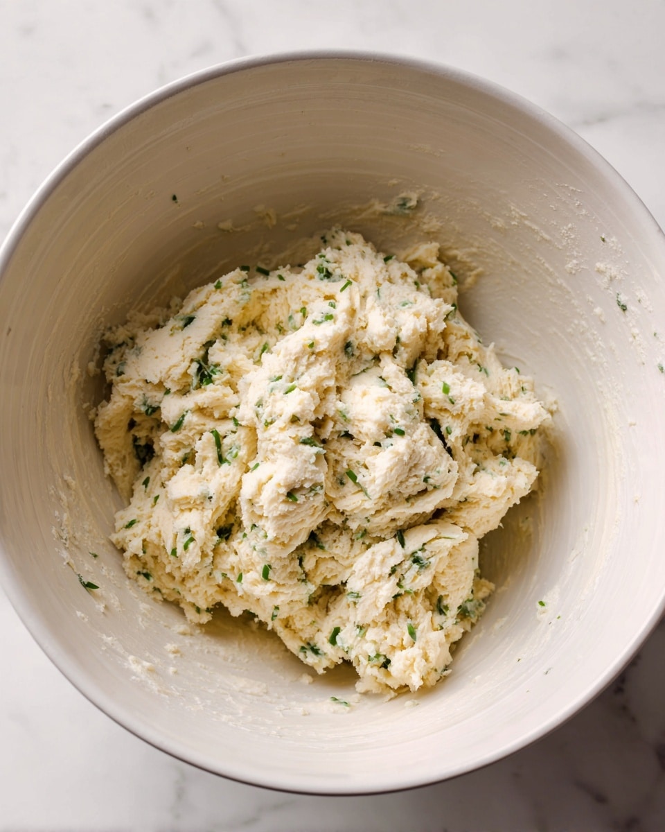 A thick, crumbly dough with small green herb specks is piled in a white ceramic mixing bowl. The dough has a crumbly, rough texture with uneven chunks pressed together, sitting at the center of the bowl, which has a simple design and is clean inside. The bowl is placed on a white marbled surface that provides a soft, bright background. Photo taken with an iphone --ar 4:5 --v 7