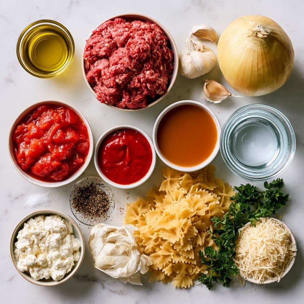 A white bowl is filled with a rich lasagna soup showing at least three layers: a base layer of chunky red tomato sauce mixed with minced meat and small pasta pieces, a middle layer of melted white cheese that is slightly stringy and stretchy, and a top sprinkling of green chopped parsley for color. The soup has a warm, thick texture with visible bits of tomato and pasta, and a spoon is placed inside the bowl on the right side. Around the bowl on a wooden board with a white marbled surface underneath, there are four pieces of square focaccia bread with a golden, bumpy crust. Photo taken with an iphone --ar 4:5 --v 7