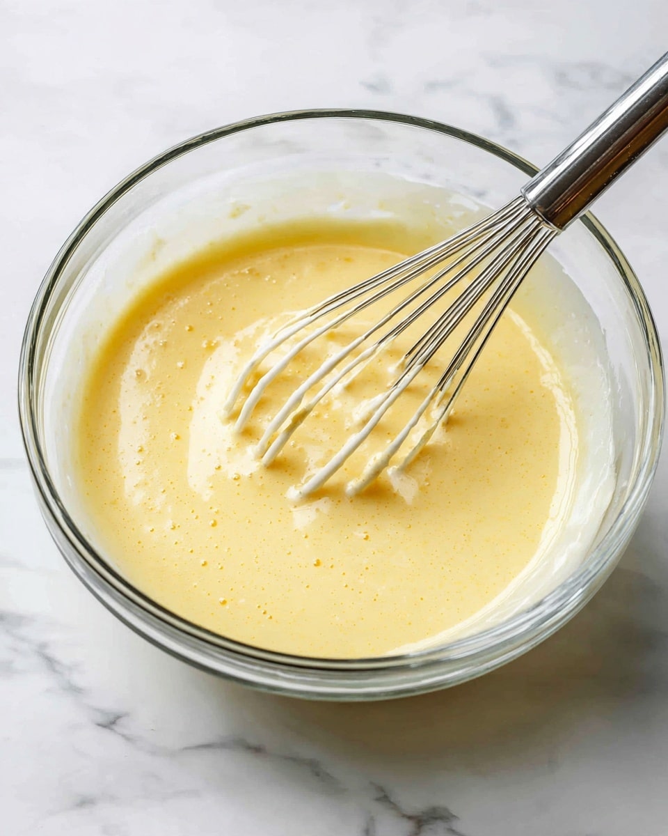 A clear glass bowl filled with a smooth, light yellow batter with a slightly thick texture. A metal whisk is partially immersed in the batter, with batter droplets clinging to the whisk wires. The bowl is placed on a white marbled surface, adding a clean and bright background to the scene. photo taken with an iphone --ar 4:5 --v 7