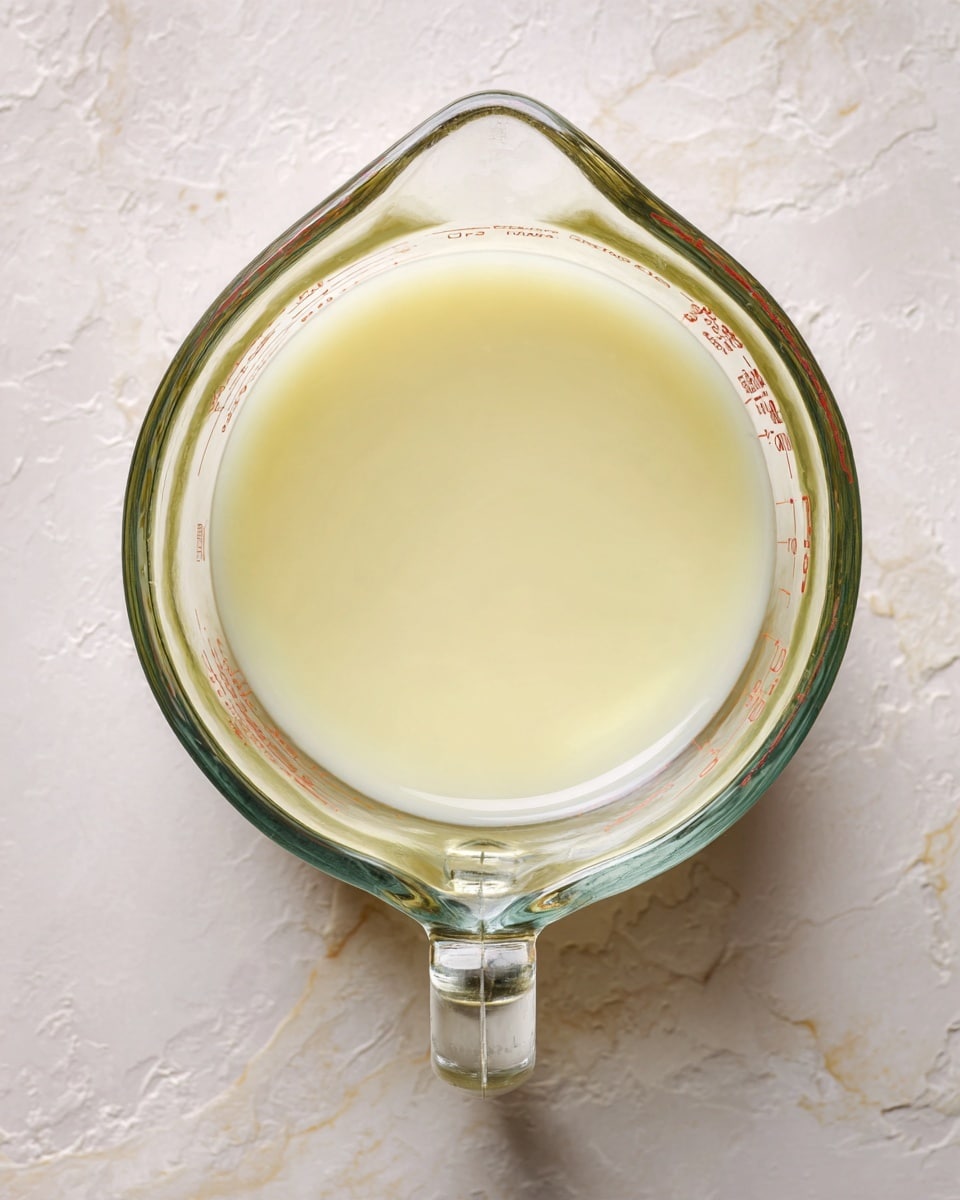 A clear glass measuring cup with a slight green tint is shown from above, filled with a smooth, pale yellow liquid inside. The cup is centered on a white marbled surface with soft gray and beige veins, which adds a subtle texture to the background. The liquid inside appears to be evenly mixed with a slight shine, and the measuring cup's spout points downward in the image. No other items or layers are visible in the composition. photo taken with an iphone --ar 4:5 --v 7