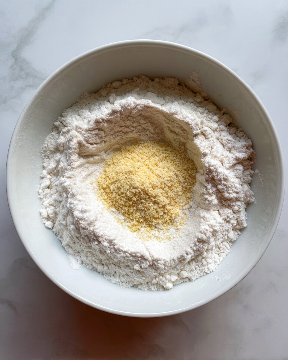 Inside a white bowl, there are two layers of dry ingredients; the outer layer is a thick ring of white flour with a soft and powdery texture, and the inner layer is a smaller mound of yellow granulated substance with a slightly coarse texture, positioned in the center. The bowl sits on a white marbled surface. photo taken with an iphone --ar 4:5 --v 7