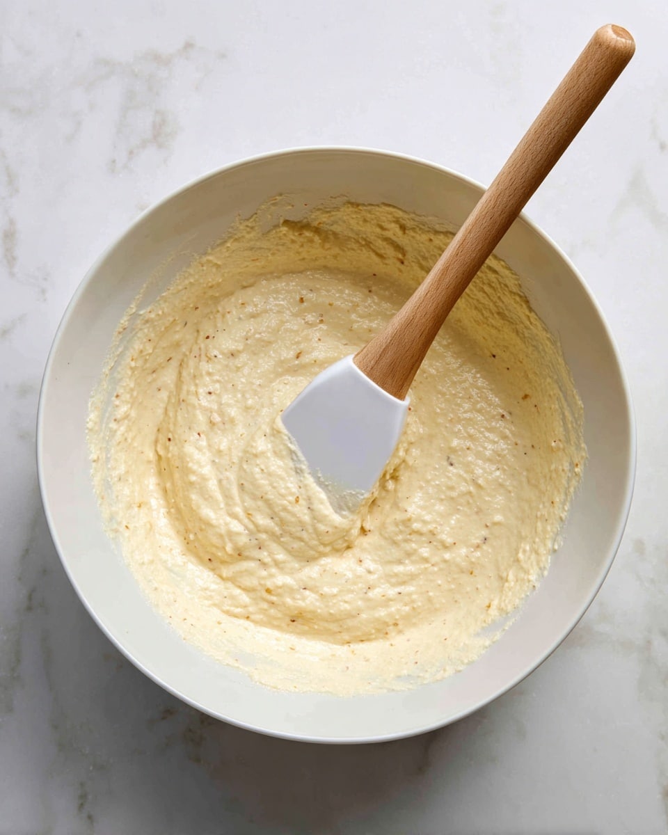 A white bowl filled with a thick, pale yellow batter that has small dark specks throughout. A spatula with a white head and a wooden handle is resting inside the bowl, partially covered in the batter. The texture of the batter looks creamy and slightly lumpy. The bowl sits on a white marbled surface. photo taken with an iphone --ar 4:5 --v 7