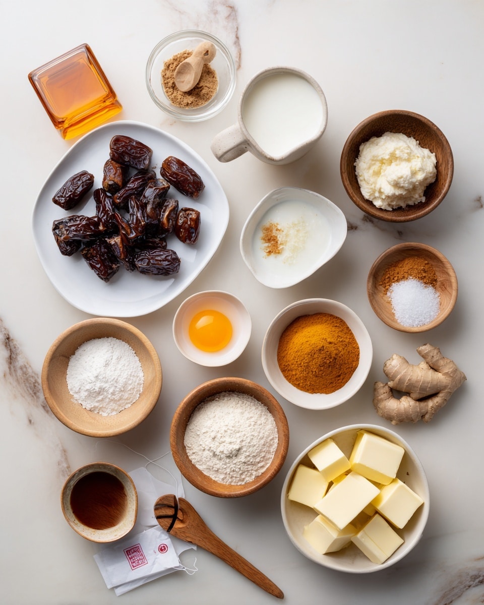 The image shows various cooking ingredients neatly arranged on a white marbled surface. In the center-left, there is a white plate holding chopped dark brown dates. Surrounding it are several small white bowls and wooden bowls with different ingredients: light brown sugar, white flour, two raw egg yolks in a wooden bowl, a bowl with an orange smooth paste, a bowl with white powder and brown spice on top, and another bowl with light yellow cream or butter cubes. There is also a glass cup of cream or milk, a stick of butter wrapped in white paper, a small dish with grated ginger, and a small bowl of dark liquid with a wooden spoon resting in it. In the upper left corner, a square bottle with amber-colored liquid, likely syrup or oil, is visible. A white tea bag with a red tag lies near the center. The overall arrangement is clean and organized, with a focus on the natural colors and textures of the ingredients. Photo taken with an iphone --ar 4:5 --v 7