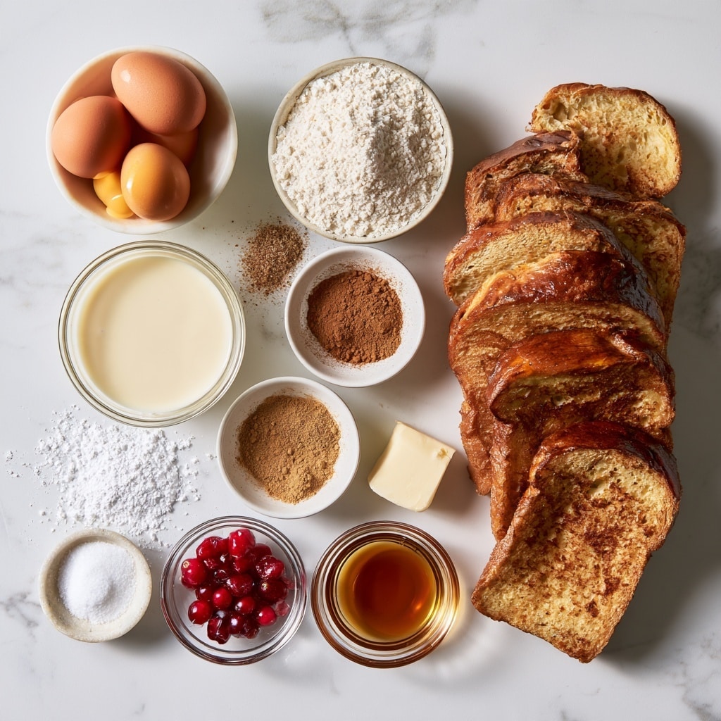 Two plates of French toast are shown on a white marbled surface. The front plate has three slices of golden brown French toast stacked slightly, topped with small, bright red pomegranate seeds scattered on the toast and around the plate, along with a light layer of powdered sugar dusted over everything. The second plate, nearby and partially visible, has three slices of French toast with a darker syrup pooling around them. To the top, there is a small bowl of creamy sauce and some green pine leaves decor with a red glittery curled ornament near it. The whole scene is bright and clean, with silver forks and a glass cup nearby, giving a cozy festive feeling. Photo taken with an iphone --ar 4:5 --v 7