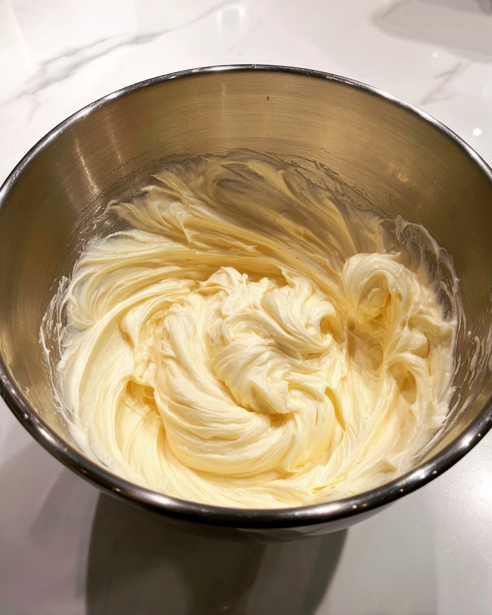 A shiny metal mixing bowl filled with a creamy, smooth, pale yellow mixture that looks soft and fluffy. The mixture has thick swirls and waves all around the bowl, showing it was just mixed. The bowl sits on a white marbled surface and the lighting makes the mixture look fresh and light. Photo taken with an iphone --ar 4:5 --v 7