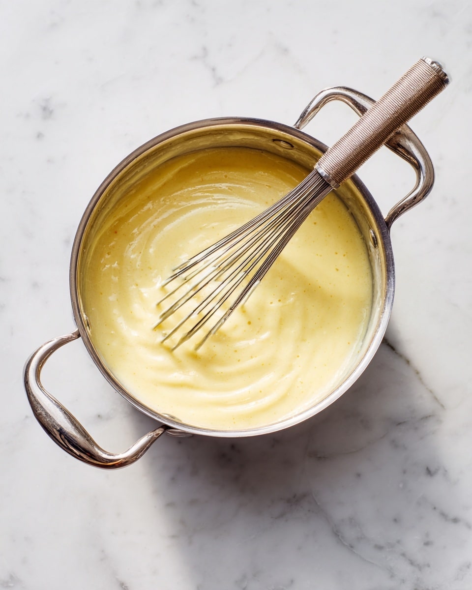A shiny silver pot with two handles holds a smooth, pale yellow creamy sauce inside, with a small steel whisk partly immersed in it. The sauce has a silky texture and fills about two-thirds of the pot. The pot is placed on a white marbled surface that reflects soft natural light, casting gentle shadows near the pot and whisk. photo taken with an iphone --ar 4:5 --v 7