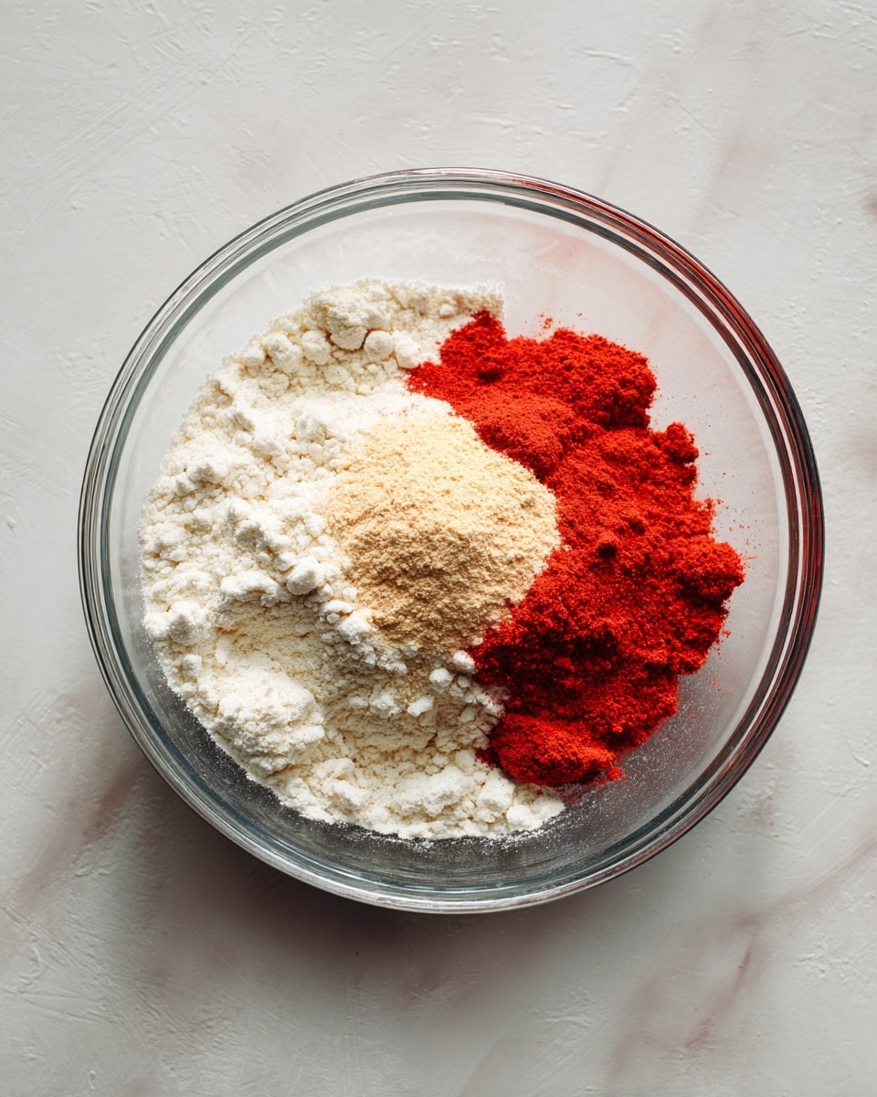 A clear glass bowl sits on a white marbled surface, containing three layers of dry ingredients arranged in separate piles. The bottom layer is white flour spread evenly across the base of the bowl. On top of this, a smaller circle of light beige powder is placed near the center. Surrounding this beige powder are two clusters of bright red powder, positioned opposite each other in the bowl. The textures vary from soft and powdery white flour to the fine, vibrant red and beige spices. The scene is brightly lit with natural light, showing subtle shadows inside the bowl. photo taken with an iphone --ar 4:5 --v 7
