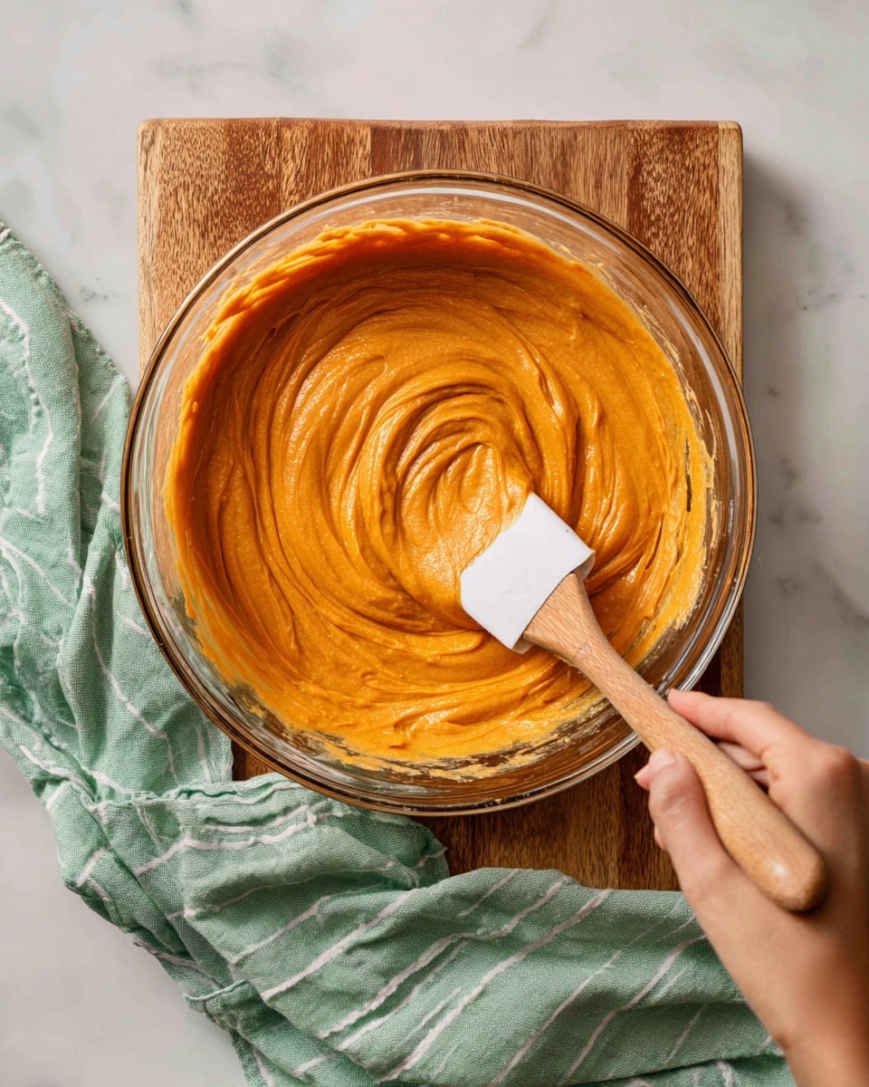 A clear glass bowl filled with thick, smooth orange batter being stirred by a woman's hand holding a white spatula with a wooden handle; the bowl is resting on a wooden board with a slightly worn texture and a soft green cloth with a white line pattern draped in the background on a white marbled surface photo taken with an iphone --ar 4:5 --v 7