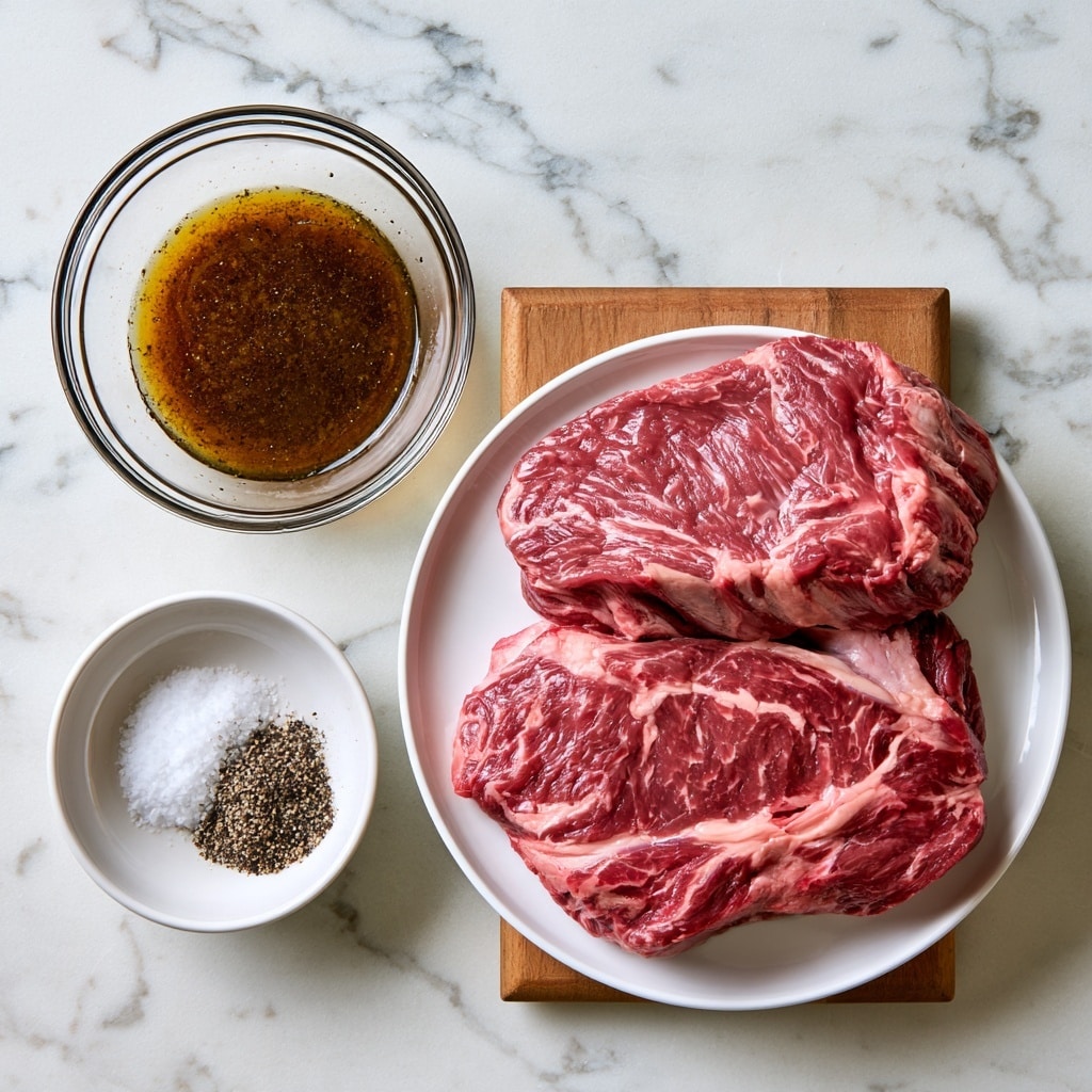 The image shows two parts: on the left is a close-up of a silver spoon filled with a thick, smooth brown sauce with tiny specks, held above a bowl filled with the same sauce, all on a white marbled surface. On the right, there are two raw pieces of meat lying side by side in a white rectangular dish, covered with the same brown sauce. The meat is a deep red color and is topped with a sprig of fresh green rosemary. The sauce appears evenly poured over both pieces, with small bits of seasonings visible. photo taken with an iphone --ar 4:5 --v 7