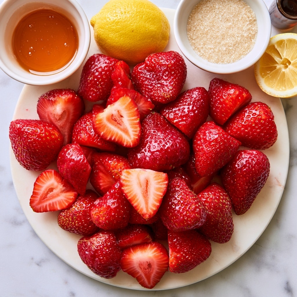 Two images side by side show the same white pot with a blue handle on a white marbled surface. The left image shows the pot filled with fresh red strawberries, cut into halves and quarters, with a smooth white inner pot showing along the edges. The right image shows the same pot with the strawberries cooked down into a thick, deep red chunky sauce, evenly filling the pot with a glossy texture. photo taken with an iphone --ar 4:5 --v 7