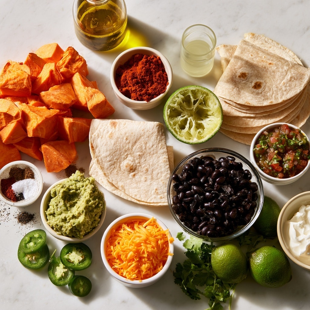 A round quesadilla, sliced into four large pieces, shows a light golden-brown grilled top sprinkled with fresh green cilantro. The quesadilla is placed on a wooden board surrounded by lime wedges, small green and red chili peppers, and sprigs of cilantro. To the top left, a white bowl holds chunky green guacamole, while to the bottom left, another white bowl contains a vibrant red and green tomato salsa. At the bottom right, two avocado halves reveal a bright green inside with one still containing the seed. The whole setup rests on a white marbled surface with a brown cloth partially underneath the board. Photo taken with an iphone --ar 4:5 --v 7