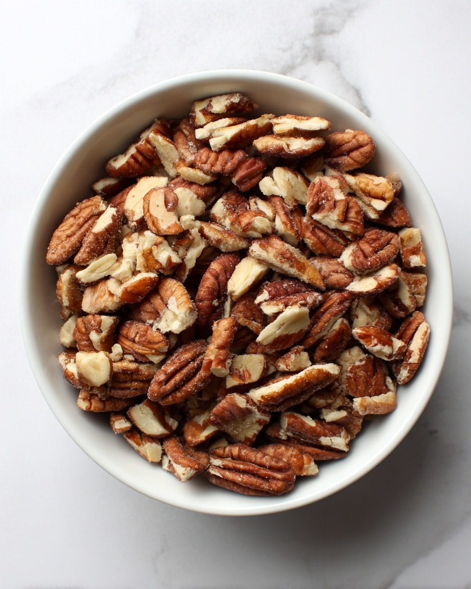 A round white bowl filled with small broken pieces of brown and cream pecan nuts. The pecans are uneven in size, showing rough and textured surfaces with cracks and ridges. The bowl sits on a white marbled surface with soft, subtle gray veins running through it. The top-down view captures the natural and slightly glossy look of the nuts. photo taken with an iphone --ar 4:5 --v 7