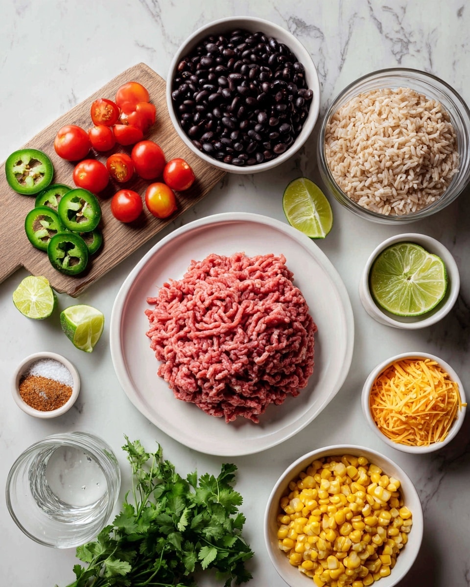 The image shows several white bowls arranged on a white marbled surface, each filled with different ingredients. In the center, there is a white plate with a layer of raw ground meat, pinkish-red in color and textured with fine strands. To the right, a glass bowl holds a light brown rice mixture with some green seasoning. Above the rice, a white bowl contains small black beans, and next to it another white bowl has bright yellow corn kernels. To the left of the meat plate, a wooden board holds fresh lime wedges, green jalapeño slices, and halved red cherry tomatoes arranged neatly. Small white bowls with a powdered seasoning and shredded orange cheese are placed in front, alongside a glass of water and a bunch of bright green fresh cilantro. The setup is clean with bright, natural light. Photo taken with an iphone --ar 4:5 --v 7
