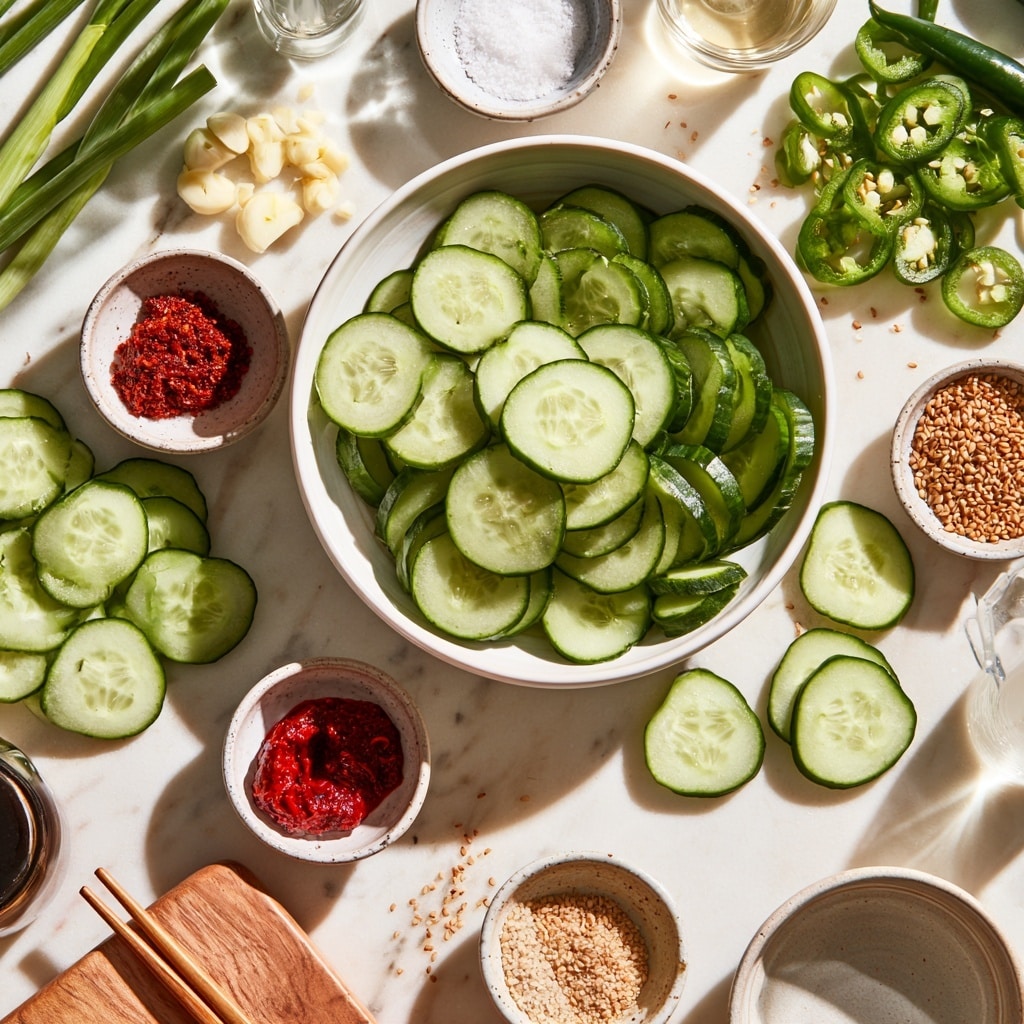 The image is divided into two parts side by side. On the left side, there is a white colander filled with many round, thin slices of cucumber, showing green skin and light green centers. The colander has small holes and two handles on each side. On the right side, a woman's hand is holding a spoon inside a clear glass bowl filled with a dark brown, thick, textured sauce mixed with some small pieces. The background under both items is a white marbled texture. Photo taken with an iphone --ar 4:5 --v 7