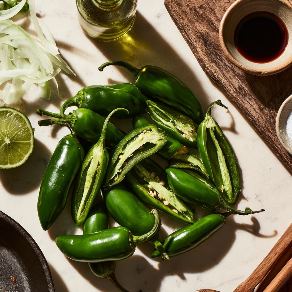A black pan holds several roasted green jalapeño peppers with charred, wrinkled skin, showing dark brown spots and some yellow-green inner flesh visible where they are split open. Thin, caramelized onion slices with a light brown color are mixed among the peppers. The pan is held by a woman’s hand covered partly by a light yellow cloth with pink stitching. The pan rests on a white marbled surface with blue and brown specks scattered around. photo taken with an iphone --ar 4:5 --v 7