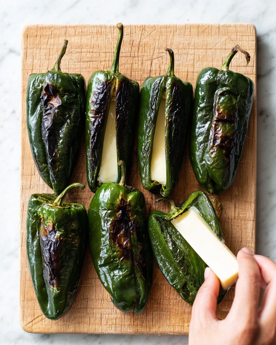 The image shows four dark green poblano peppers with charred spots, lying on a light wooden cutting board with visible grain patterns. Each pepper is sliced lengthwise down the middle, revealing a slit to be stuffed. On the right side, a close-up shows a woman's hand placing a long, rectangular white piece of cheese inside the slit of the top pepper. The bottom three peppers on this side remain unfilled, showing their green skin and stems. The background uses a white marbled texture. photo taken with an iphone --ar 4:5 --v 7