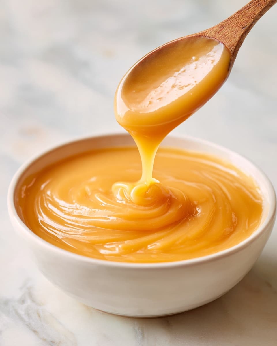 A white bowl filled with smooth, thick, orange sauce, with a wooden spoon lifting some sauce above the bowl allowing a thin stream to fall back in. The sauce has a creamy texture with slight swirls on the surface inside the bowl. The background shows a blurred white marbled texture. Photo taken with an iphone --ar 4:5 --v 7