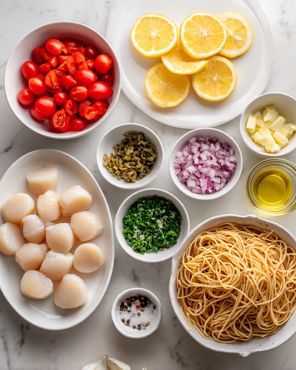 The image shows many cooking ingredients neatly placed on a white marbled surface. In the center, a white oval plate holds a single layer of pale, smooth scallops, round and plump. To the right, a large white bowl contains a heap of light brown cooked spaghetti, with strands tangled together. Around these, small white bowls hold finely chopped red onions, bright yellow butter cubes, finely chopped green herbs, thin white garlic slices, green capers, and bright yellow lemon zest. A white plate on the upper right side displays several lemon wedges arranged in a layer. On the left, a small white bowl is filled with chopped red tomatoes. Fresh whole red tomatoes are placed nearby. Clear glass containers with olive oil and white wine sit on the surface, contributing transparent golden and pale yellow tones. A small dish with salt and pepper completes the varied and colorful arrangement. photo taken with an iphone --ar 4:5 --v 7
