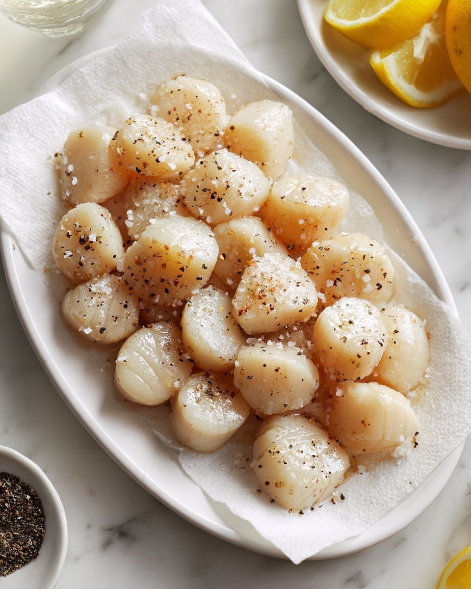 A white oval plate holds about twenty pale beige scallops arranged loosely in a single layer on top of white paper towels. Each scallop is sprinkled with coarse salt and cracked black pepper, giving a textured look with small white and black specks. The plate sits on a white marbled surface, and parts of other bowls and lemon wedges frame the edges of the image. The lighting is soft and natural, highlighting the smooth, rounded shapes and slight translucency of the scallops. Photo taken with an iphone --ar 4:5 --v 7