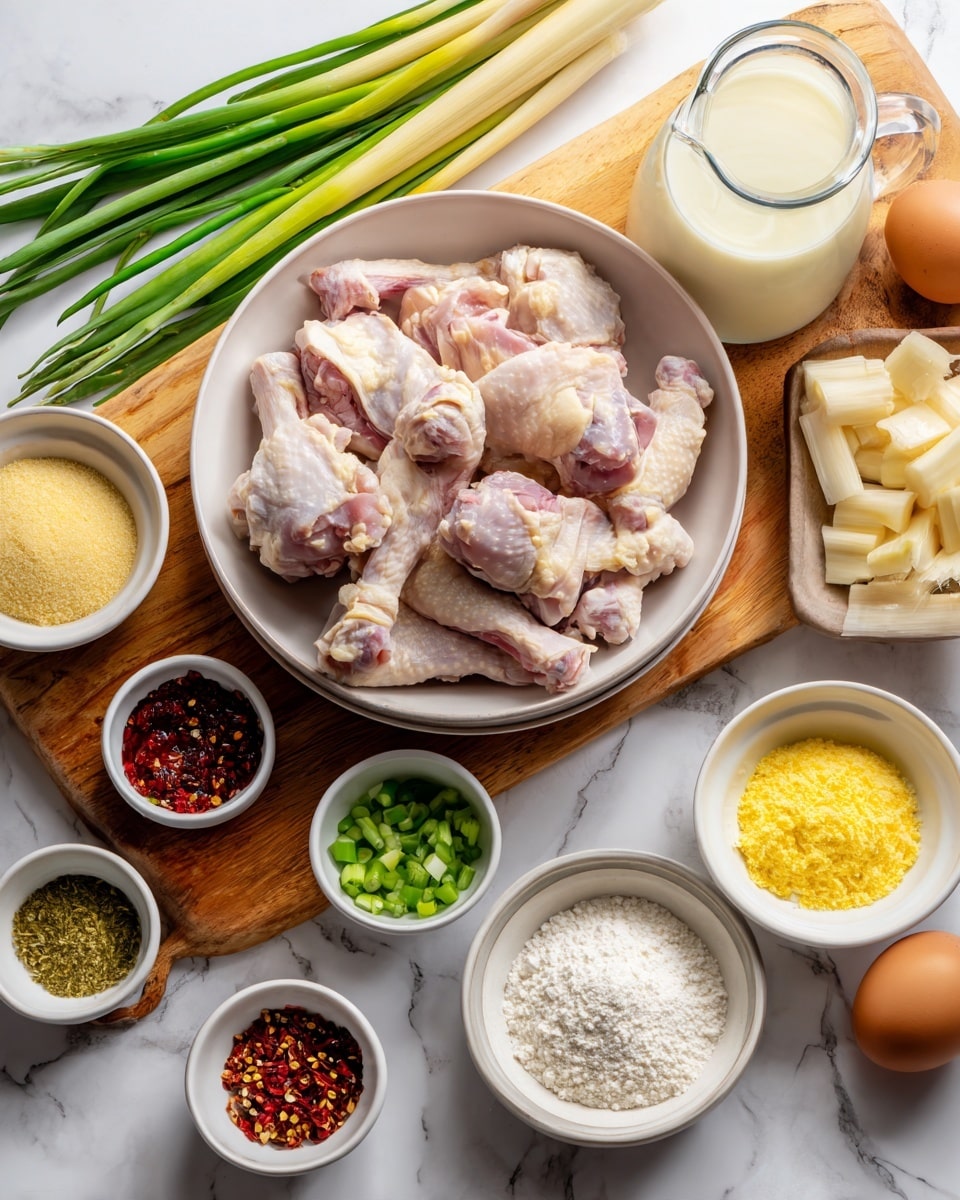 A white bowl filled with raw chicken pieces sits in the center, showing a mix of drumsticks and thighs with pale pink and white skin textures. Around it, there are many small white bowls holding different ingredients: chopped green onions, bright yellow liquid, finely grated ginger, red chili flakes in a dark sauce, white flour, and a light powdery substance. On a wooden board at the side, there are whole green chilies, a brown egg in a white bowl, minced garlic in another white bowl, and sliced stalks of lemongrass. A glass jug of creamy white liquid is placed nearby on a white marbled surface. The whole scene is brightly lit with neat arrangement. photo taken with an iphone --ar 4:5 --v 7